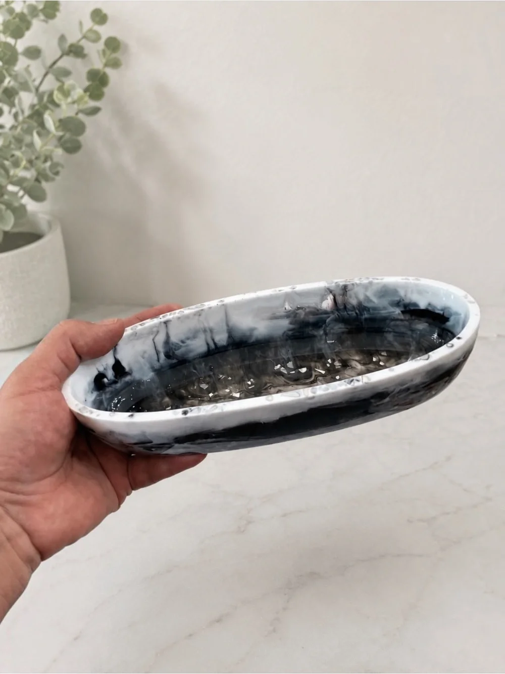 Black Marbled Oval Ceramic Soap Dish - Home Bath Vanity Tray